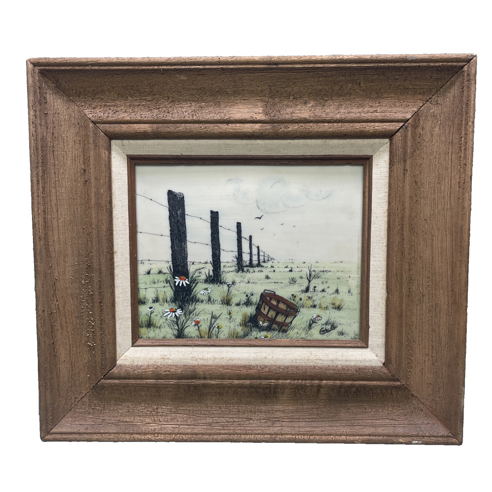 Vtg c. 1990 Framed Enamel Etching Signed Carlos Rios Cottagecore Country Daisies